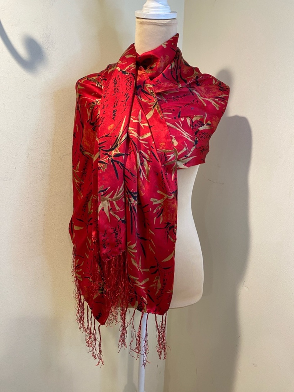 Red Floral Satin 100% Silk Large Fringe Scarf